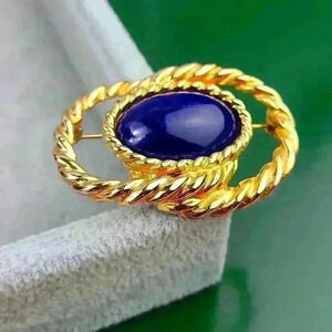 Vintage Ellen Designs gold tone faux lapis cabochon brooch pin